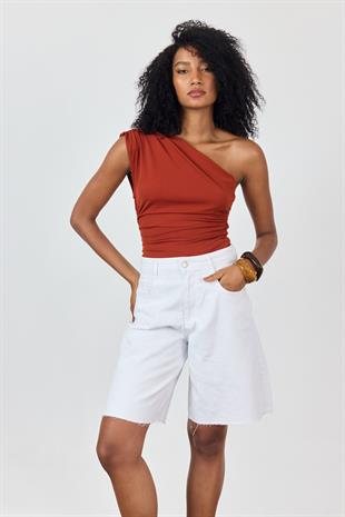 Beyaz Yüksek Bel Denim Bermuda