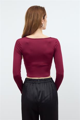 Bordo BASİC KARE YAKA CROP BLUZ