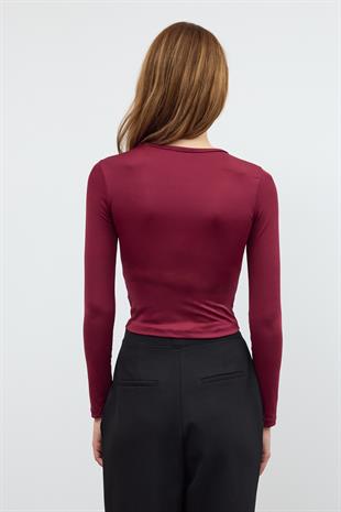 Bordo BELİ BÜZGÜ DETAYLI BLUZ
