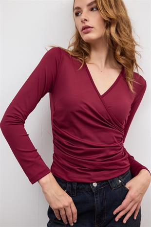 Bordo BELİ BÜZGÜ DETAYLI BLUZ