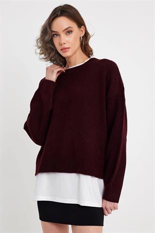 Burgundy Crew Neck Basic Knitwear Sweater