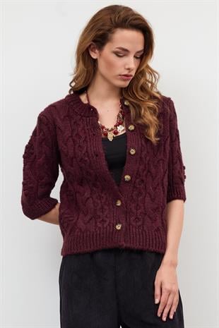 Bordo Düğmeli Hırka