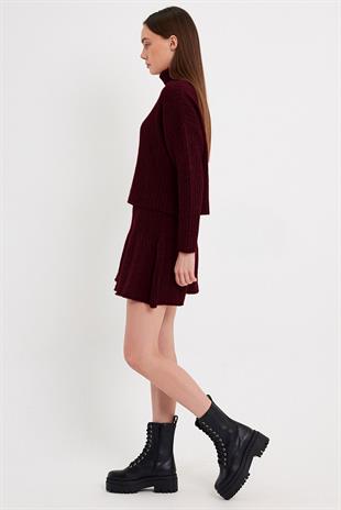 Claret Red Ribbed Skirt  Sweater Knit Set SWTK4264-65BO