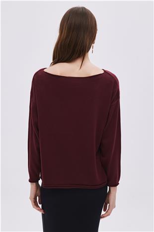 Bordo Kayık Yaka Basic Triko Kazak