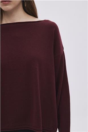 Bordo Kayık Yaka Basic Triko Kazak