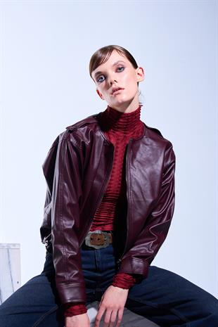 Bordo Oversize Deri Ceket