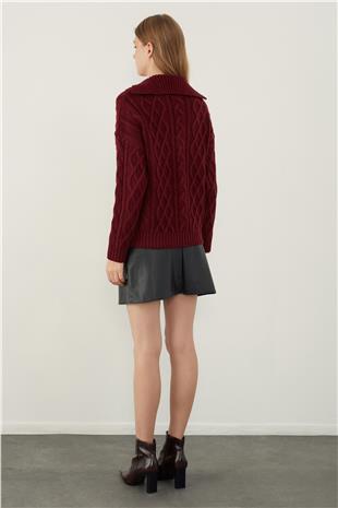 Burgundy Polo Neck Cable Knit Sweater