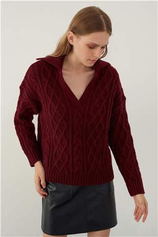 Burgundy Polo Neck Cable Knit Sweater