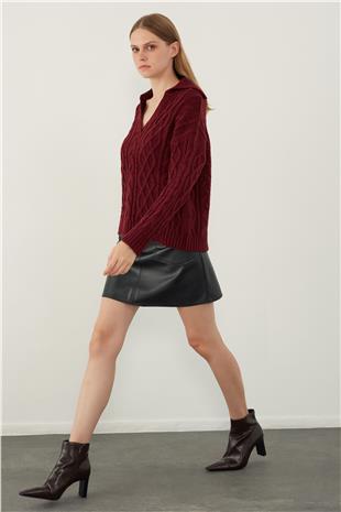 Burgundy Polo Neck Cable Knit Sweater