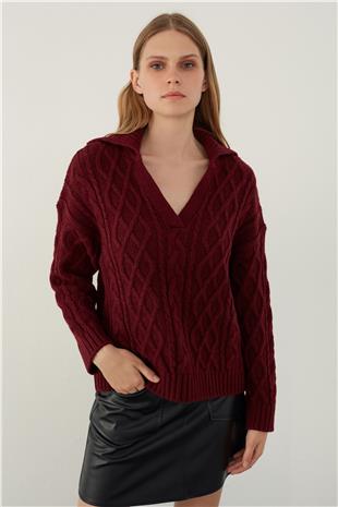 Burgundy Polo Neck Cable Knit Sweater