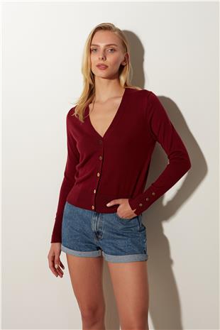 Bordo V Yaka Basic Triko Hırka
