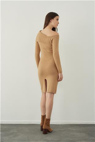 Long knitted dress with asymmetric shoulder detail