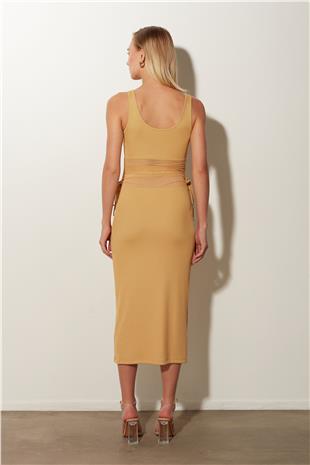 Beige Ruffle Detailed Midi Dress SS23D4785BJ