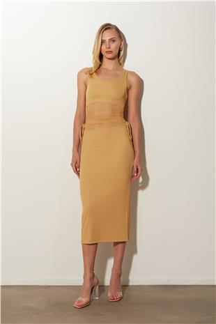 Beige Ruffle Detailed Midi Dress SS23D4785BJ