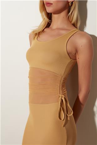 Beige Ruffle Detailed Midi Dress SS23D4785BJ