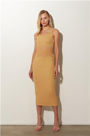 Beige Ruffle Detailed Midi Dress SS23D4785BJ