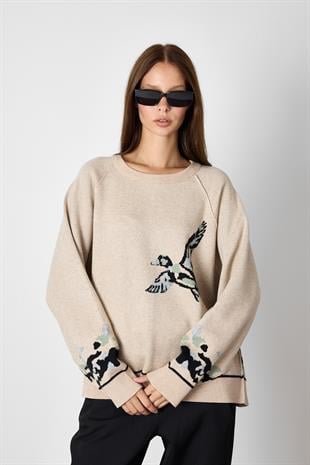 Camel Kuş Desenli Oversize Triko Kazak