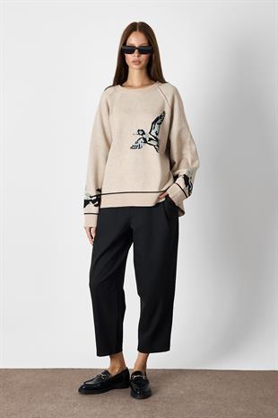 Camel Kuş Desenli Oversize Triko Kazak