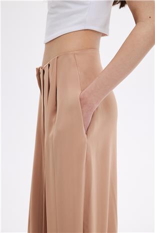 Camel Pile Detaylı Bol Paça Pantolon