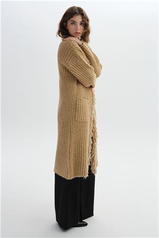 Camel Uzun Püsküllü Triko Hırka