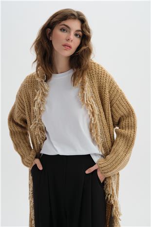Camel Uzun Püsküllü Triko Hırka