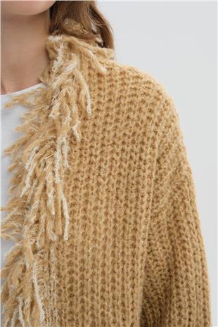 Camel Uzun Püsküllü Triko Hırka