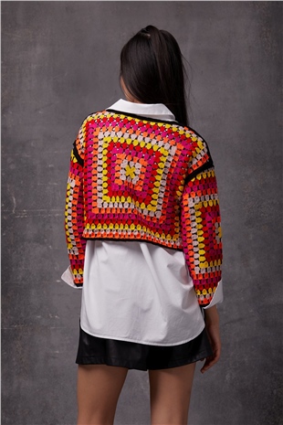 Multicolor Crew Neck Block Patterned Knit Sweater SWK4556RE 