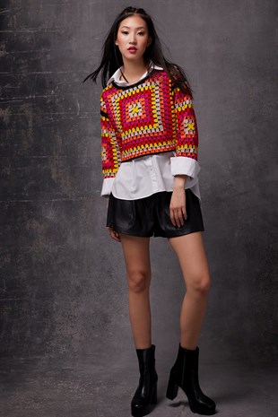 Multicolor Crew Neck Block Patterned Knit Sweater SWK4556RE 