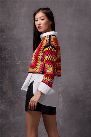 Multicolor Crew Neck Block Patterned Knit Sweater SWK4556RE 