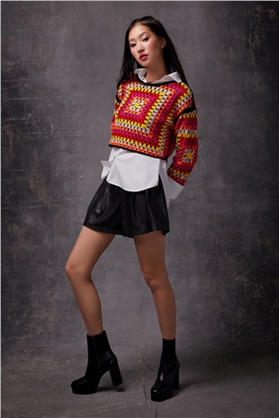 Multicolor Crew Neck Block Patterned Knit Sweater SWK4556RE 