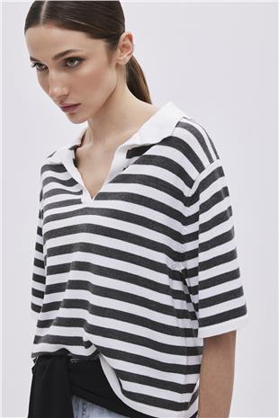Ecru Light Grey Polo Neck Striped Sweater