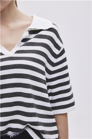 Ecru Light Grey Polo Neck Striped Sweater