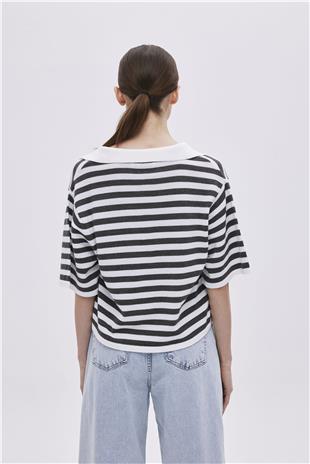 Ecru Light Grey Polo Neck Striped Sweater