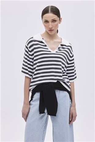 Ecru Light Grey Polo Neck Striped Sweater