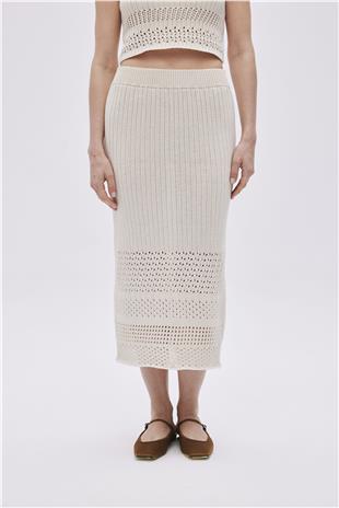 Ecru Open Knit Midi Knitwear Skirt