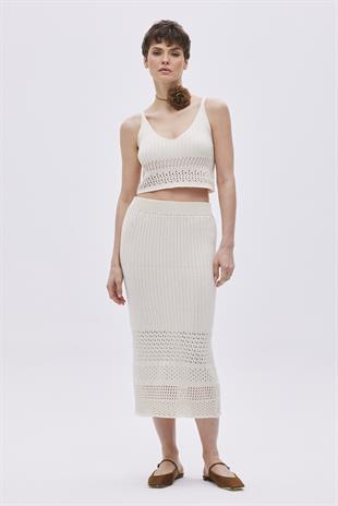 Ecru Open Knit Midi Knitwear Skirt