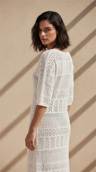 Ekru Ajurlu Oversize Triko Elbise