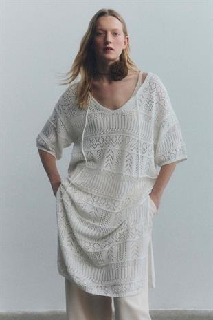 Ecru Open Knit Oversize Knitwear Dress