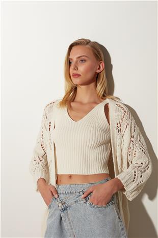 Ecru Pointelle Knitted Cardigan SW23C4776EK