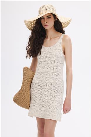 Ekru Ajurlu Triko Mini Elbise