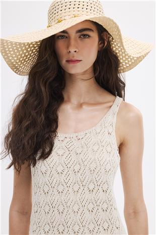 Ekru Ajurlu Triko Mini Elbise