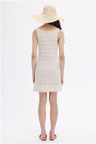 Ekru Ajurlu Triko Mini Elbise