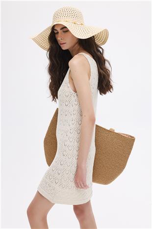 Ekru Ajurlu Triko Mini Elbise