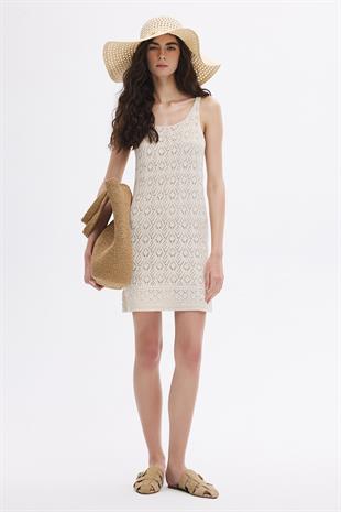 Ekru Ajurlu Triko Mini Elbise