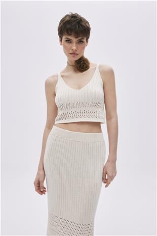 Ecru Pointelle V Neck Knitwear Blouse With Straps