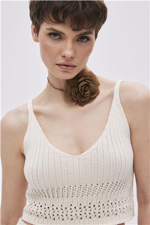 Ecru Pointelle V Neck Knitwear Blouse With Straps