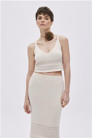 Ecru Pointelle V Neck Knitwear Blouse With Straps