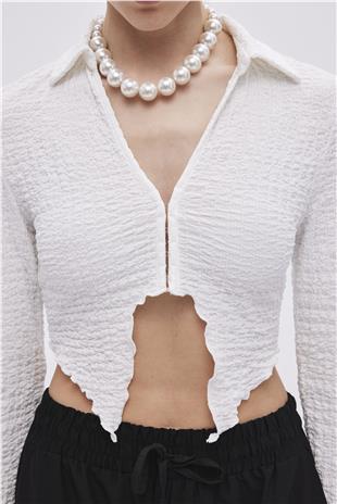 Ecru Asymmetrical Cut Crop Blouse