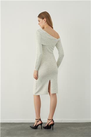 Long knitted dress with asymmetric shoulder detail