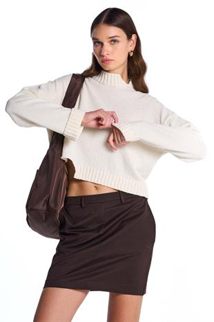 Ekru Asimetrik Triko Kazak